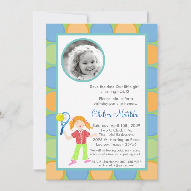 Save The Date 5x7 Girls Tenn Photo Anniversaire Shower Invitatio (Devant)