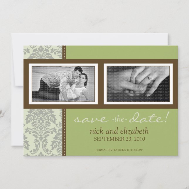 Save The Date 5X7 Sage baroque/Deux photos Brown Enregistrer la  (Devant)