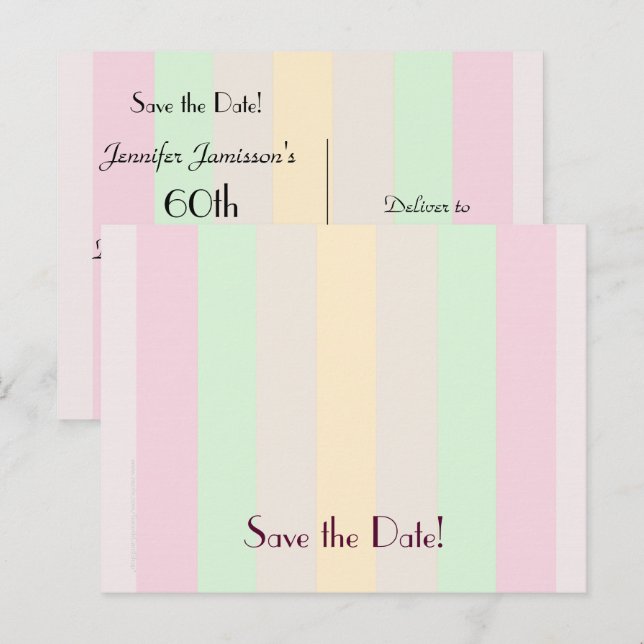 Save the Date 60th Birthday Party, Pastel Stripes Announcement Postcard (Front/Back)