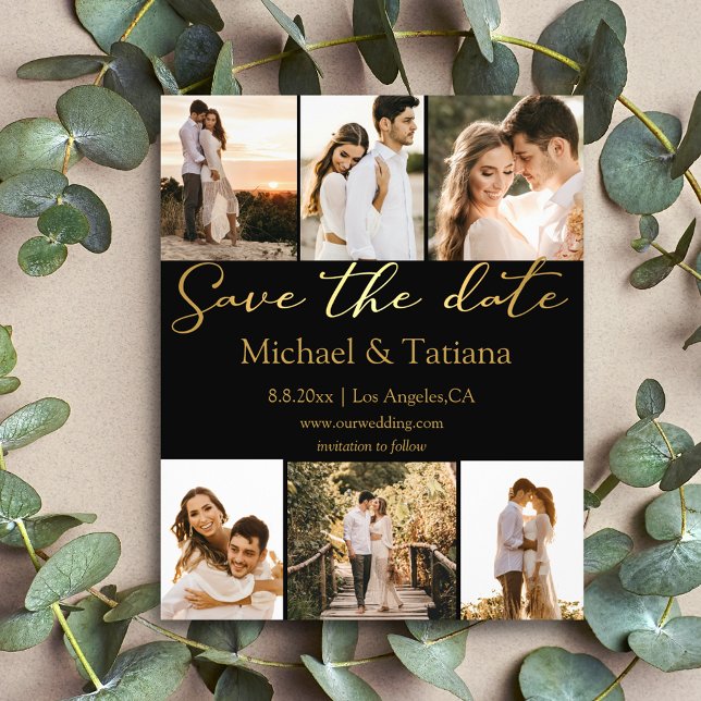 save the date 6 photos collage wedding black gold flyer (Creator Uploaded)