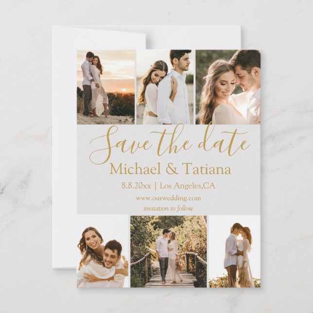 save the date 6 photos collage wedding gold invitation (Front)