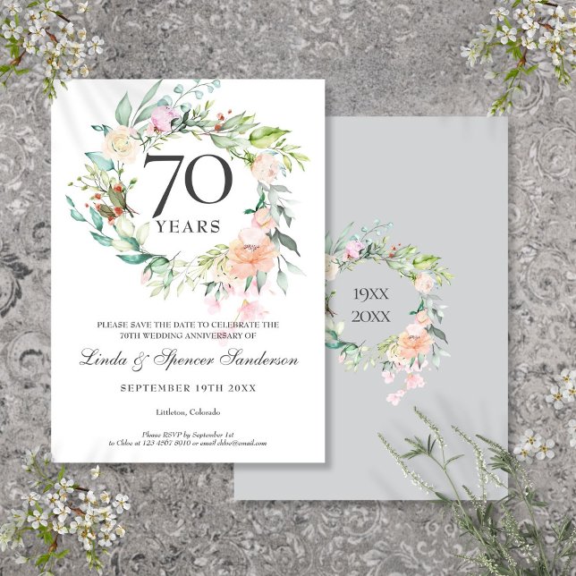 Save The Date 70e anniversaire de Mariage Rose Floral Garland (70th Wedding Anniversary Roses Floral Garland Save The Date)