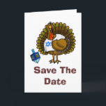 Save The Date 79811 ThanksWarukkah Greeting Card<br><div class="desc">Once in a lifetime comes from Thanksgivukkah! That's because for the first time since 1888 Hanukkah and Thanksgiving are at the same time. So, the blending of the word "Thanksgiving Hanukkah" now is "ThanksWarukkah"! To celebrate this, I designed the fun Jewish Turkey who is playing with a dreidel and wears...</div>