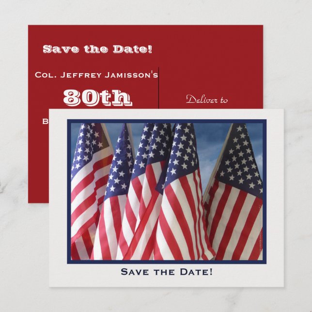 Save the Date 80th Birthday Party Postcard, Flags Announcement Postcard (Front/Back)