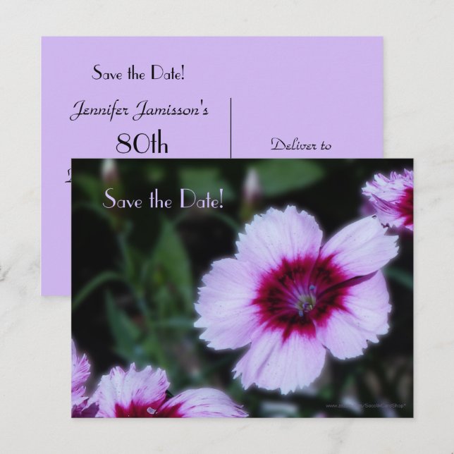 Save the Date 80th Birthday Party Purple Flowers Announcement Postcard (Front/Back)