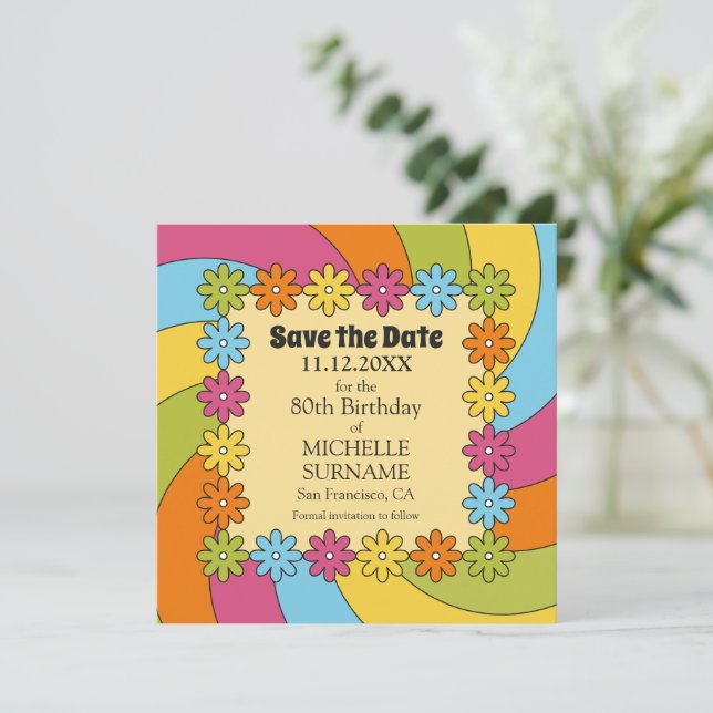 Save The Date 80th Birthday Retro 60s Music Groovy Party  (Debout devant)