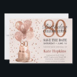 Save The Date 80th Birthday Rose Gold Cake<br><div class="desc">This fabulous 80th birthday party Save the Date card featuring a 2-layer rose gold cake with rose gold balloons, the number 80 in rose gold and shiny rose gold confetti would be perfect for asking people to put this special date aside for the upcoming 80th Birthday Party. It is traditional...</div>