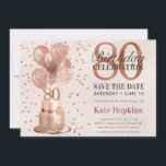 Save The Date 80th Birthday Rose Gold Cake<br><div class="desc">This fabulous 80th birthday party Save the Date card featuring a 2-layer rose gold cake with rose gold balloons, the number 80 in rose gold and shiny rose gold confetti would be perfect for asking people to put this special date aside for the upcoming 80th Birthday Party. It is traditional...</div>
