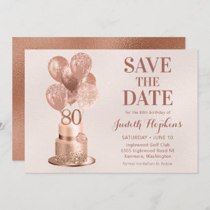 Save The Date 80th Birthday Rose Gold Cake