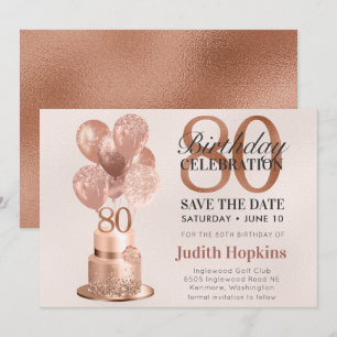 Save The Date 80th Birthday Rose Gold Cake