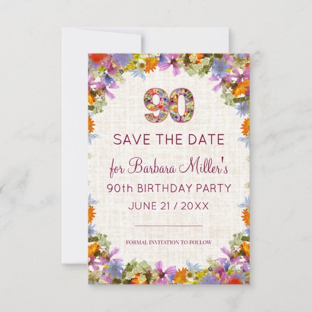 Save The Date 90e anniversaire Garden Party - Elégant Floral (Devant)