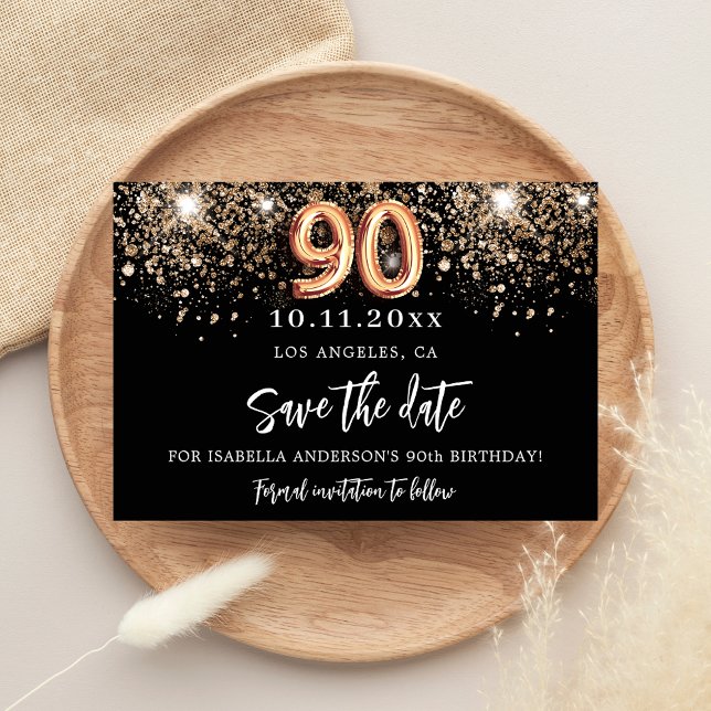 Save The Date 90e anniversaire parties scintillant en or noir sc (Créateur téléchargé)