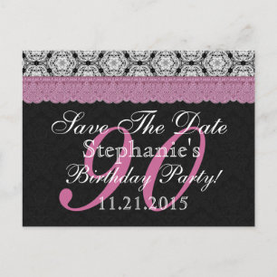 Save the Date 90th Birthday Black White Pink Lace Announcement Postcard