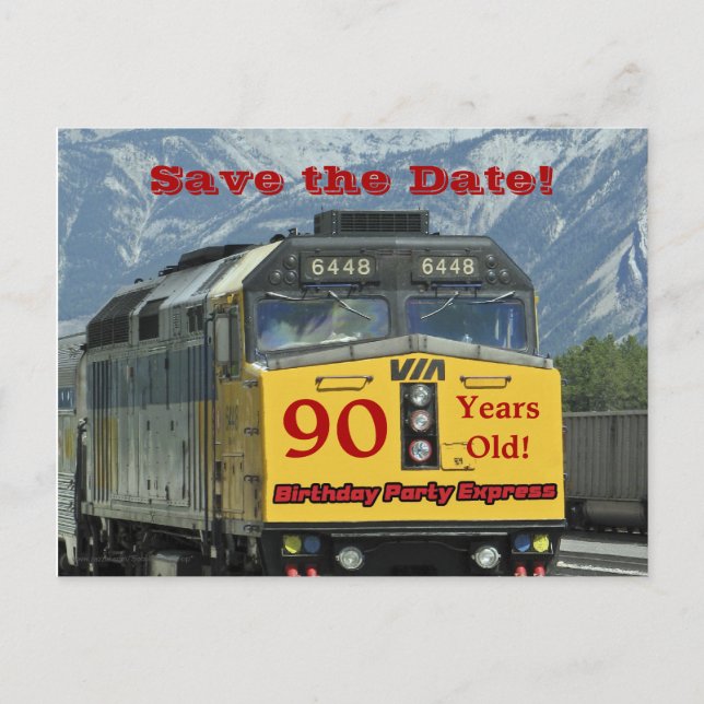 Save the Date 90th Birthday Party Engine Postcard (Front)