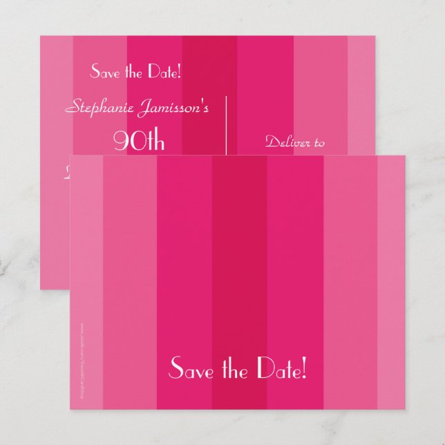 Save the Date 90th Birthday Party, Pink Stripes Announcement Postcard (Front/Back)