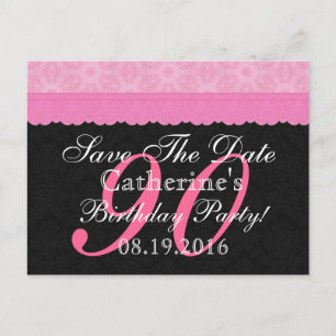 Save the Date 90th Birthday Pink and Black Lace Announcement Postcard