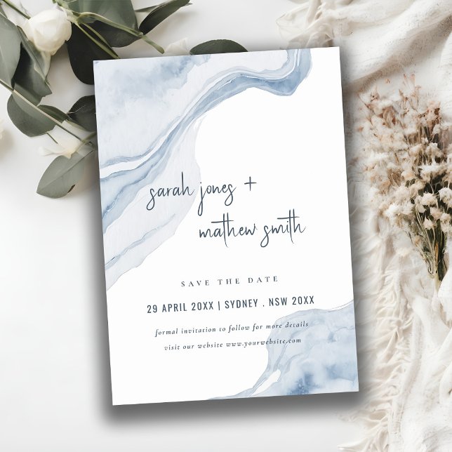 Save The Date Abstrait Blue Beige Sea Waves Sand Beach Wedding (Créateur téléchargé)