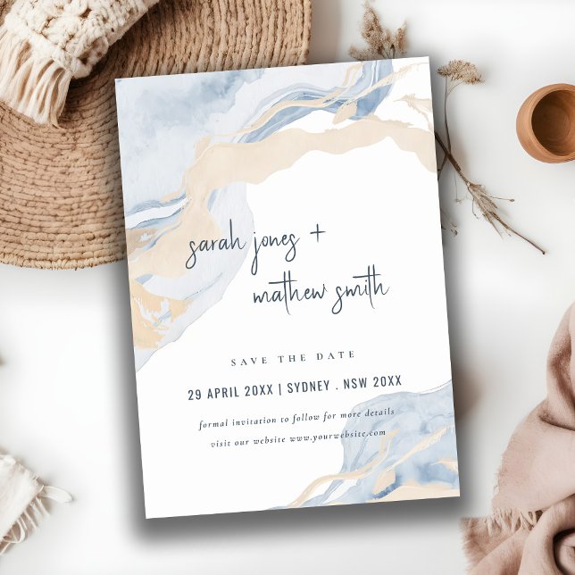 Save The Date Abstrait Blue Beige Sea Waves Sand Beach Wedding (Créateur téléchargé)