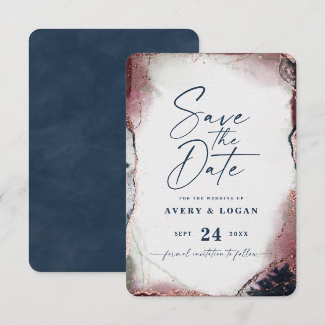 Save The Date Abstrait Ethereal Bourgogne & Mariage bleu marine (Devant / Derrière)