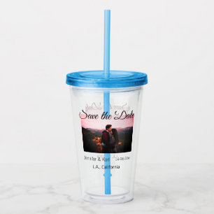 Save the date add couple name place date photo tex acrylic tumbler