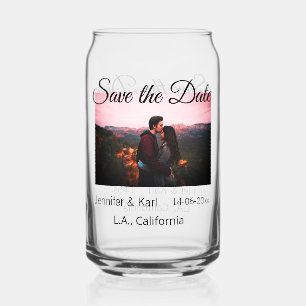 Save the date add couple name place date photo tex can glass