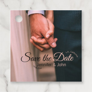 Save the date add couple name place date photo tex favour tags