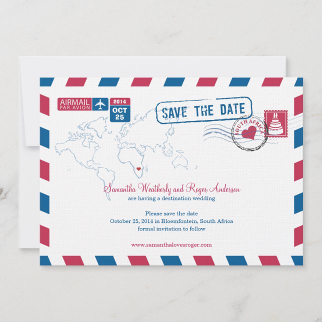 Save The Date Afrique du Sud Air Mail Mariage Enregistrer La Dat (Devant)