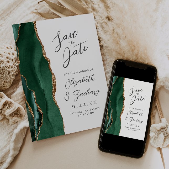 Save The Date Agate Émeraude Vert Or Mariage Script (Créateur téléchargé)