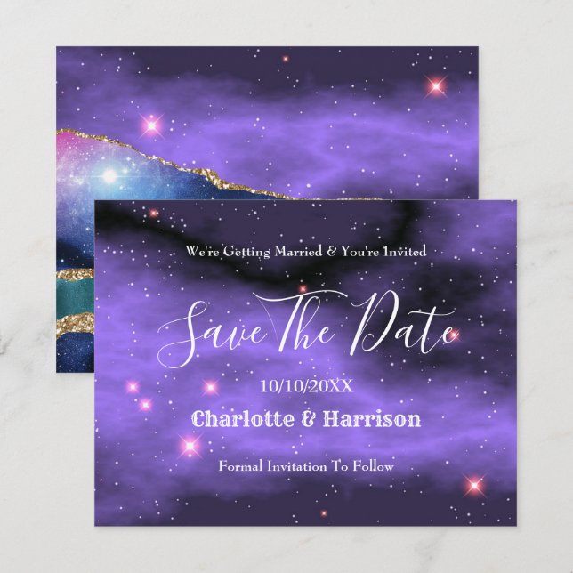 Save The Date Agate Marbre Cosmique Or Purple Turquoise Mariage (Devant / Derrière)