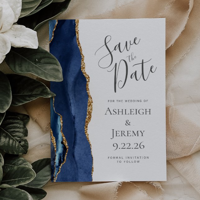 Save The Date Agate moderne Marine Blue Gold Enregistrer la date (Créateur téléchargé)