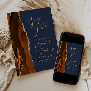 Save The Date Agate Orange Brûlé Or Script Marine Mariage Économ