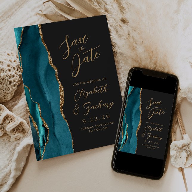 Save The Date Agate Turquoise Blue Gold Script Dark Mariage (Créateur téléchargé)