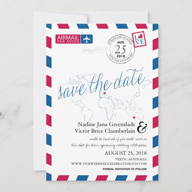 Save The Date Airmail Heart Italie et Australie Enregistrer la d (Devant)