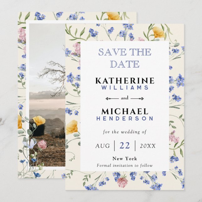 Save The Date Ajouter Image & Aquarelle Fleurs des champs Prairi (Devant / Derrière)