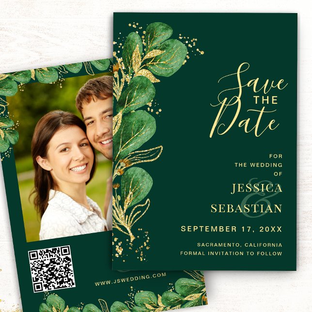 Save The Date Ajouter Photo QR Code Emerald Green Eucalyptus Ele (Créateur téléchargé)