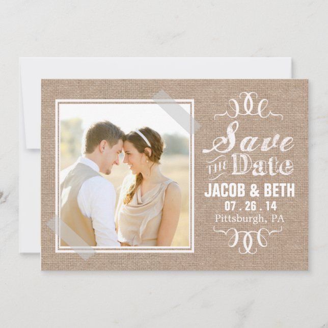 Save The Date Ajouter votre propre photo Rustic Burlap Enregistr (Devant)
