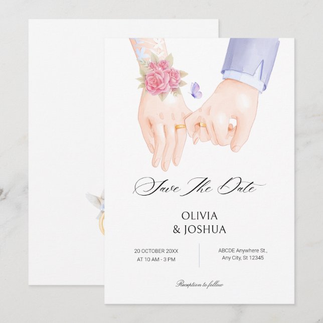 Save The Date Alliance tenant les mains mariage élégant doux (Devant / Derrière)