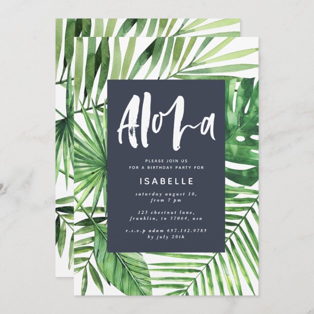 Save The Date Aloha feuille de palme tropicale & script bleu ann (Devant / Derrière)