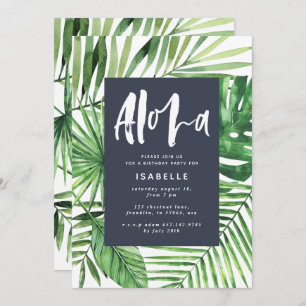 Save The Date Aloha feuille de palme tropicale & script bleu ann