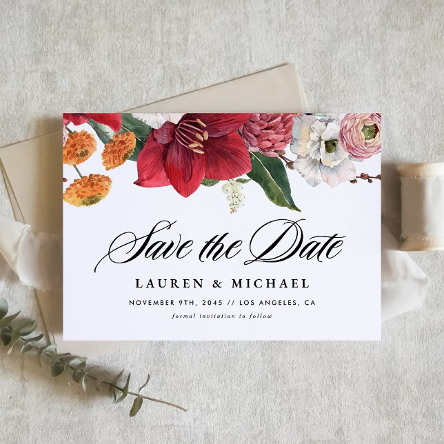 Save The Date Amaryllis rouge aquarelle et fleurs d'automne (Announce your special day with this elegant save the date card featuring romantic watercolor florals)