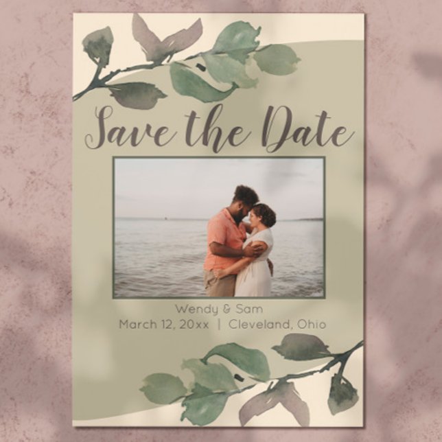 Save The Date Ambiance romantique Feuilles mariage Enregistrer l (Romantic & sweet, this sage & cream watercolor leaf save the date is a great start to your wedding!)
