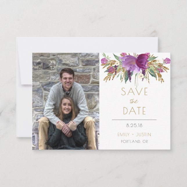 Save The Date Amethyst Purple Gold Parties scintillant Photo Enr (Devant)
