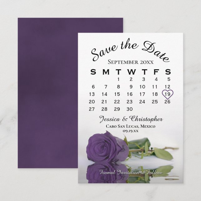 Save The Date Amethyst Purple Rose Élégant Calendrier de mariage (Devant / Derrière)
