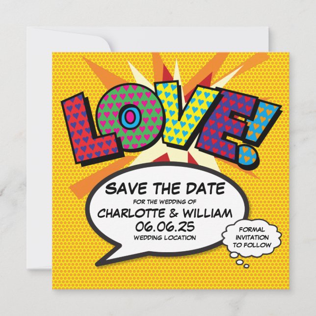 Save The Date AMOUR Sauvegarder la Date Fun Rétro Bande Dessinée (Devant)