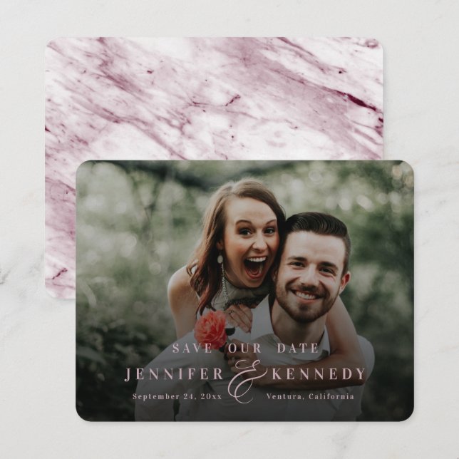 Save The Date Ampersand luxueux en marbre rose poussiéreux et ph (Devant / Derrière)
