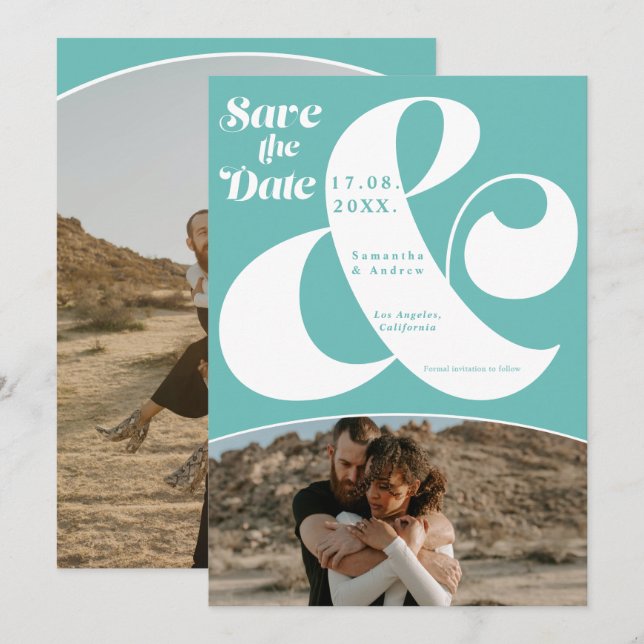 Save The Date Ampersand moderne turquoise 2 photos enregistrer l (Devant / Derrière)