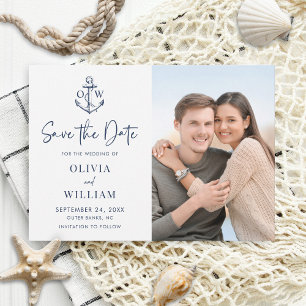 Save The Date Ancre marine Bleue Nautique Monogramme Mariage Pho