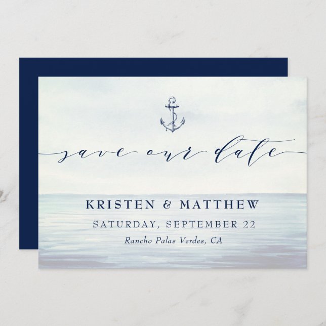 Save The Date Ancre nautique Aquarelle Océan scène (Devant / Derrière)