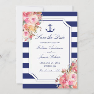 Save The Date Ancre nautique Floral Blue Stripe Mariage
