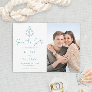 Save The Date Ancre nautique Monogram Aqua Blue Mariage Photo